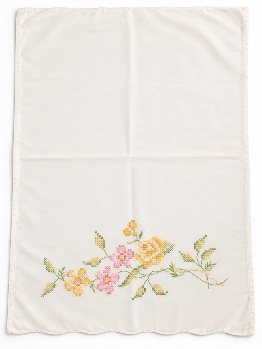 Vintage Handmade Embroidered Floral Pillowcase White Cottagecore Bedding
